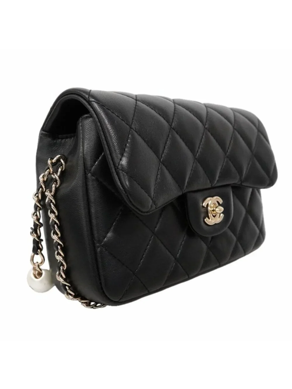 Chanel Shoulder Bag Mini Quilted Lambskin Black Champagne Gold